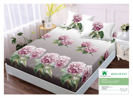 HUSE DE PAT CU ELASTIC - Husa cu Elastic si Fete de Perna Din Finet 180x200cm - Flori Roz