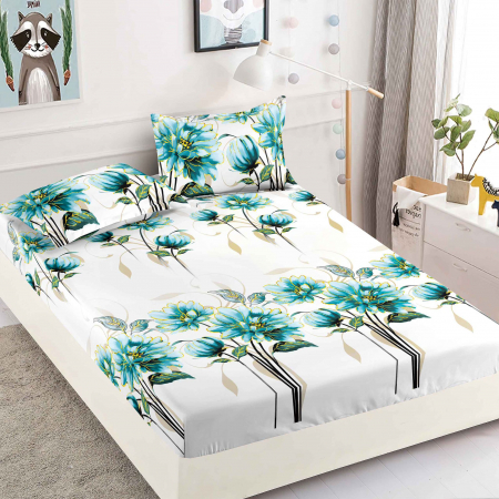 HUSE DE PAT CU ELASTIC - Husa cu Elastic si Fete de Perna Din Finet 180x200cm - Flori Turquoise