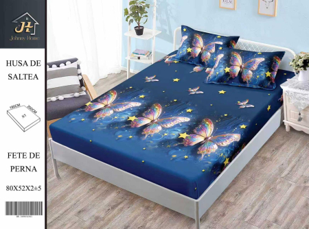 Huse De Pat Finet - Husa cu Elastic si Fete de Perna Din Finet 180x200cm - Fluturi Colorati Si Stelute