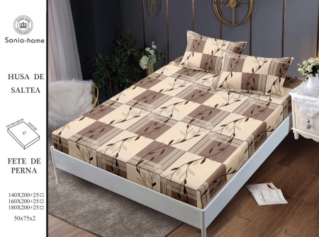 HUSE DE PAT CU ELASTIC - Husa cu Elastic si Fete de Perna Din Finet 180x200cm - Bej Cu Carouri