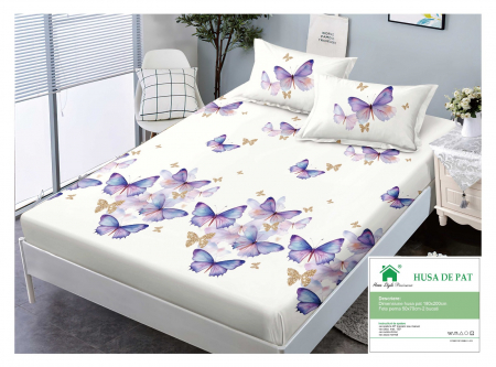 HUSE DE PAT CU ELASTIC - Husa cu Elastic si Fete de Perna Din Finet 180x200cm - Fluturi Mov