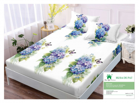 HUSE DE PAT CU ELASTIC - Husa cu Elastic si Fete de Perna Din Finet 180x200cm - Fluturi Si Flori