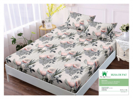 HUSE DE PAT CU ELASTIC - Husa cu Elastic si Fete de Perna Din Finet 180x200cm - Gri Cu Flori Roz