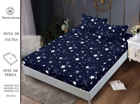 HUSE DE PAT CU ELASTIC - Husa cu Elastic si Fete de Perna Din Finet 180x200cm - Bleumarin Cu Stelute