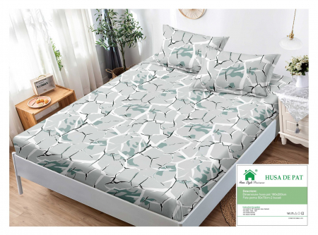 HUSE DE PAT CU ELASTIC - Husa cu Elastic si Fete de Perna Din Finet 180x200cm - Gri Cu Verde Abstract
