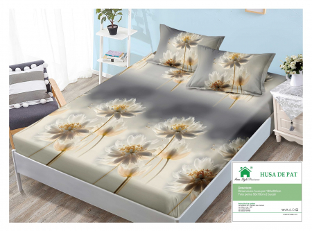 HUSE DE PAT CU ELASTIC - Husa cu Elastic si Fete de Perna Din Finet 180x200cm - Gri Floral