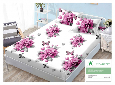 HUSE DE PAT CU ELASTIC - Husa cu Elastic si Fete de Perna Din Finet 180x200cm - Imprimeu Floral Roz
