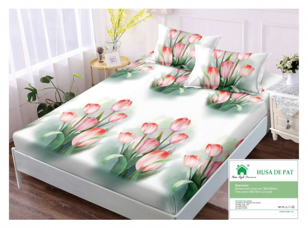 HUSE DE PAT CU ELASTIC - Husa cu Elastic si Fete de Perna Din Finet 180x200cm - Lalele