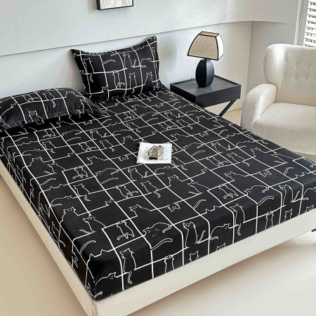 Huse De Pat Finet - Husa cu Elastic si Fete de Perna Din Finet 180x200cm - Negru Cu Alb Cu Pisici In Carouri