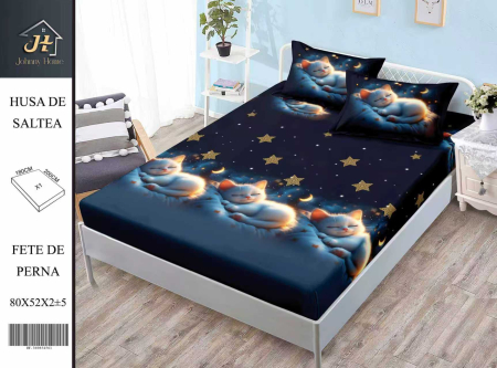 Huse De Pat Finet - Husa cu Elastic si Fete de Perna Din Finet 180x200cm - Pisica Sub Cerul Instelat