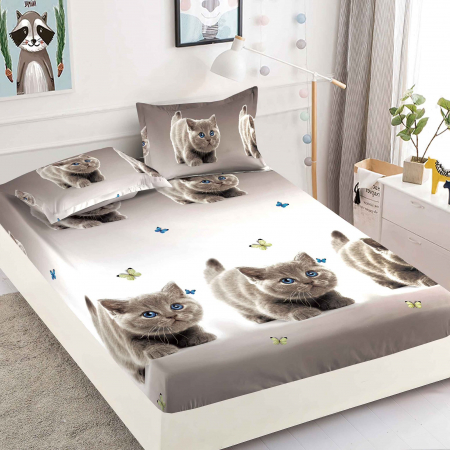 Huse De Pat Pentru Copii - Husa cu Elastic si Fete de Perna Din Finet 180x200cm - Pisicuta Cu Ochi Albastri