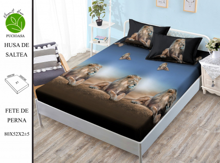 HUSE DE PAT CU ELASTIC - Husa cu Elastic si Fete de Perna Din Finet 180x200cm - Regele Junglei Leul