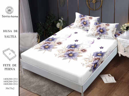 HUSE DE PAT CU ELASTIC - Husa cu Elastic si Fete de Perna Din Finet 180x200cm - Alb Cu Floricele Mov