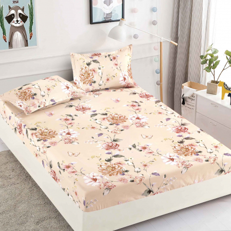 HUSE DE PAT CU ELASTIC - Husa cu Elastic si Fete de Perna Din Finet 180x200cm - Roz Floral