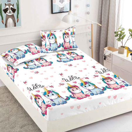 HUSE DE PAT CU ELASTIC - Husa cu Elastic si Fete de Perna Din Finet 180x200cm - Unicorni