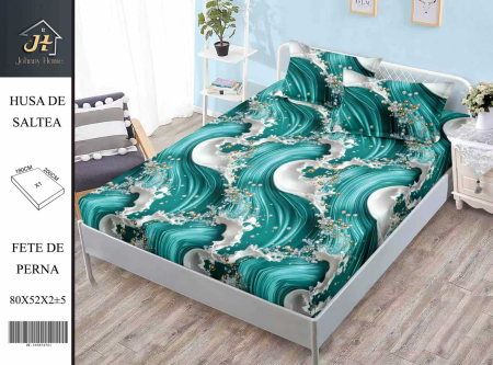 Huse De Pat Finet - Husa cu Elastic si Fete de Perna Din Finet 180x200cm - Valuri Turcoaz