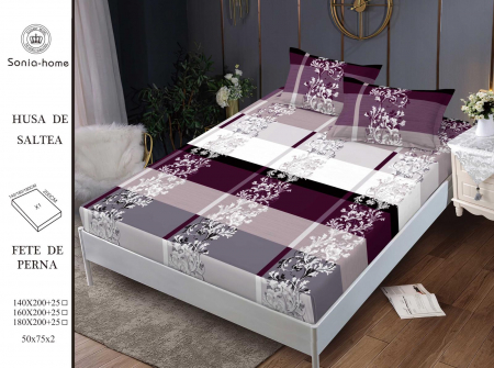 HUSE DE PAT CU ELASTIC - Husa cu Elastic si Fete de Perna Din Finet 180x200cm - Mov Cu Dungi