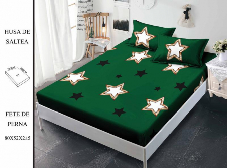 HUSE DE PAT CU ELASTIC - Husa cu Elastic si Fete de Perna Din Finet 180x200cm - Verde Cu Stelute