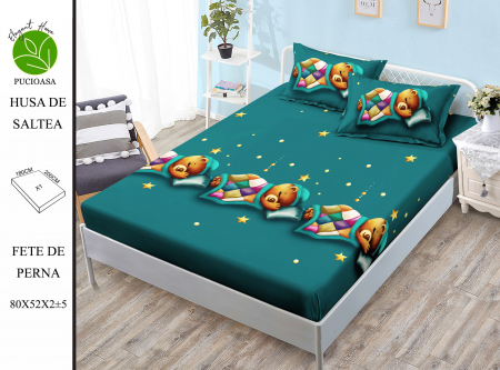 HUSE DE PAT CU ELASTIC - Husa cu Elastic si Fete de Perna Din Finet 180x200cm - Verde Cu Ursulet