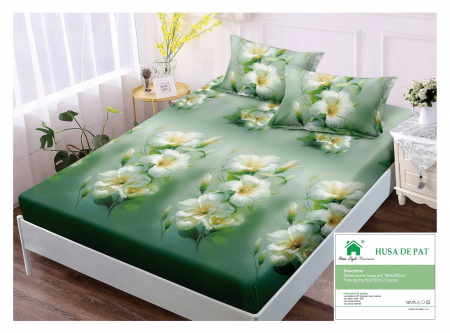 HUSE DE PAT CU ELASTIC - Husa cu Elastic si Fete de Perna Din Finet 180x200cm - Verde Floral