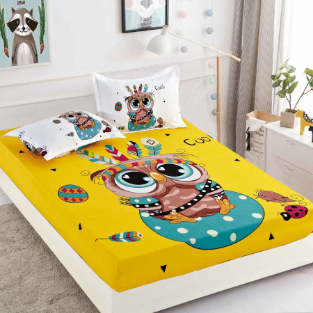 Huse De Pat Finet 160x200cm - Husa cu Elastic si Fete de Perna Din Finet - Bufnita Cool