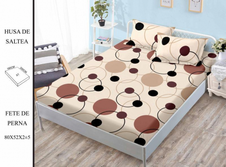 HUSE DE PAT CU ELASTIC - Husa cu Elastic si Fete de Perna Din Finet 180x200cm - Bej Cu Cerculete