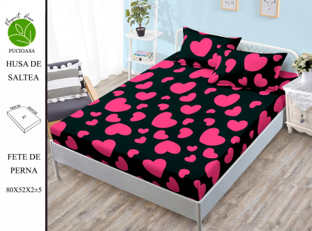 HUSE DE PAT CU ELASTIC - Husa cu Elastic si Fete de Perna Din Finet - Pink Hearts