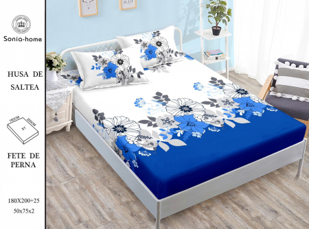HUSE DE PAT CU ELASTIC - Husa cu Elastic si Fete de Perna Din Finet 180x200cm - Blue Floral
