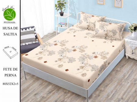 HUSE DE PAT CU ELASTIC - Husa cu Elastic si Fete de Perna Din Finet 180x200cm - Crem Cu Floricele
