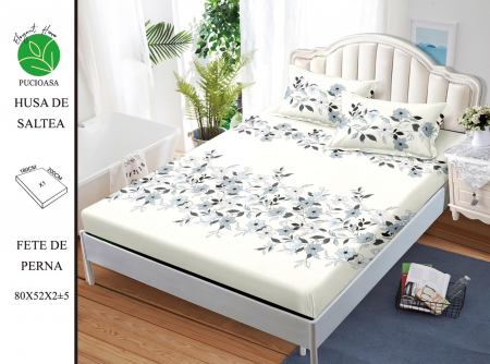 Huse De Pat Finet 180x200cm - Husa cu Elastic si Fete de Perna Din Finet - Floricele Gri