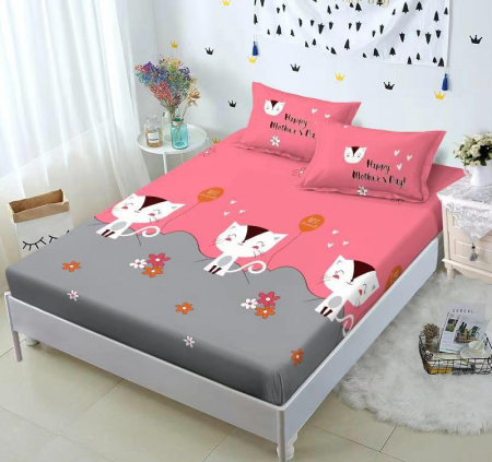 HUSE DE PAT CU ELASTIC - Husa cu Elastic si Fete de Perna Din Finet - Floricele Si Pisicute
