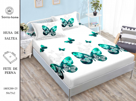HUSE DE PAT CU ELASTIC - Husa cu Elastic si Fete de Perna Din Finet 180x200cm - Fluturi Verzi
