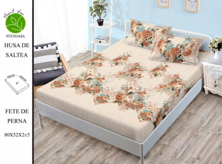 HUSE DE PAT CU ELASTIC - Husa cu Elastic si Fete de Perna Din Finet 180x200cm - Brown Flowers