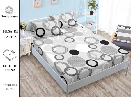 HUSE DE PAT CU ELASTIC - Husa cu Elastic si Fete de Perna Din Finet 180x200cm - Gri Cu Cercuri