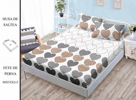 HUSE DE PAT CU ELASTIC - Husa cu Elastic si Fete de Perna Din Finet 180x200cm - Inimioare