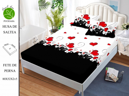 HUSE DE PAT CU ELASTIC - Husa cu Elastic si Fete de Perna Din Finet - Alba/Neagra Cu Inimioare