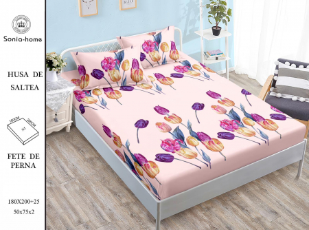 HUSE DE PAT CU ELASTIC - Husa cu Elastic si Fete de Perna Din Finet 180x200cm - Lalele