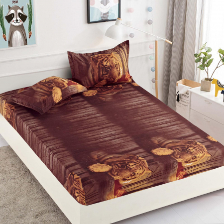 HUSE DE PAT CU ELASTIC - Husa cu Elastic si Fete de Perna Din Finet 180x200cm - Maro cu Tigri