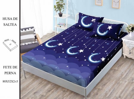 HUSE DE PAT CU ELASTIC - Husa cu Elastic si Fete de Perna Din Finet 180x200cm - Moon And Stars