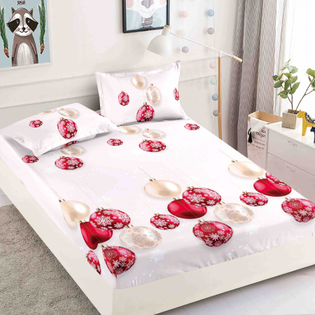 Huse De Pat Finet - Crăciun - Husa cu Elastic si Fete de Perna Din Finet - Globuri Albe Si Rosi