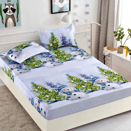 Huse De Pat Finet - Crăciun - Husa cu Elastic si Fete de Perna Din Finet - Om De Zapada Fericit