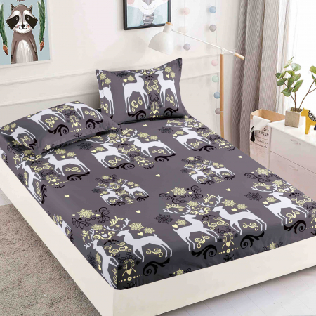 Huse De Pat Finet - Crăciun - Husa cu Elastic si Fete de Perna Din Finet - Gri Cu Reni