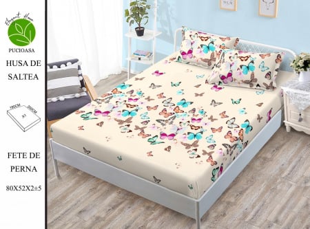 HUSE DE PAT CU ELASTIC - Husa cu Elastic si Fete de Perna Din Finet 180x200cm - Crem Cu Fluturasi