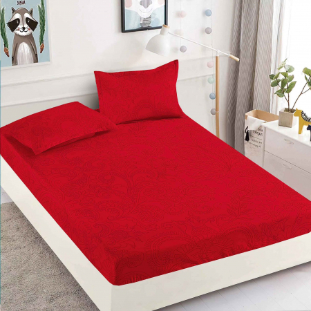 HUSE DE PAT CU ELASTIC - Husa cu Elastic si Fete de Perna Din Finet 180x200cm - Rosu Royal