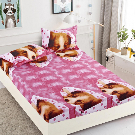 HUSE DE PAT CU ELASTIC - Husa cu Elastic si Fete de Perna Din Finet 180x200cm - Roz Cu Catelusi
