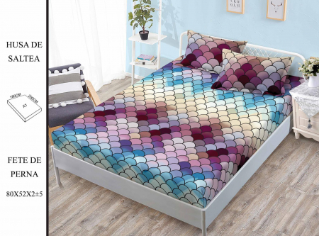 HUSE DE PAT CU ELASTIC - Husa cu Elastic si Fete de Perna Din Finet - Solzi Curcubeu