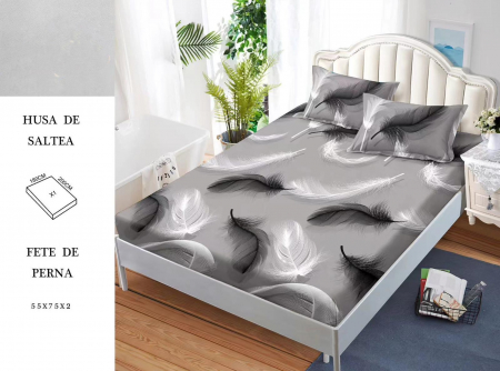 HUSE DE PAT CU ELASTIC - Husa cu Elastic si Fete de Perna Din Finet - Gri Cu Pene