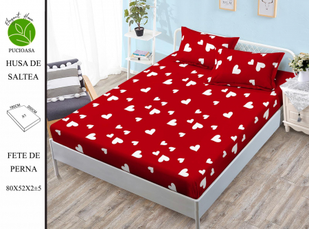 HUSE DE PAT CU ELASTIC - Husa cu Elastic si Fete de Perna Din Finet - Rosie Cu Inimioare