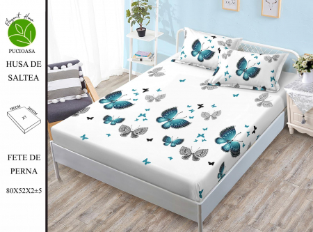HUSE DE PAT CU ELASTIC - Husa cu Elastic si Fete de Perna Din Finet 180x200cm - Alba Cu Fluturasi