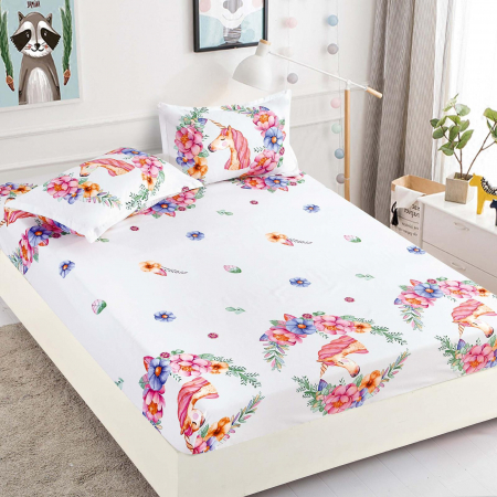 HUSE DE PAT CU ELASTIC - Husa cu Elastic si Fete de Perna Din Finet 180x200cm - Unicorni Si Floricele